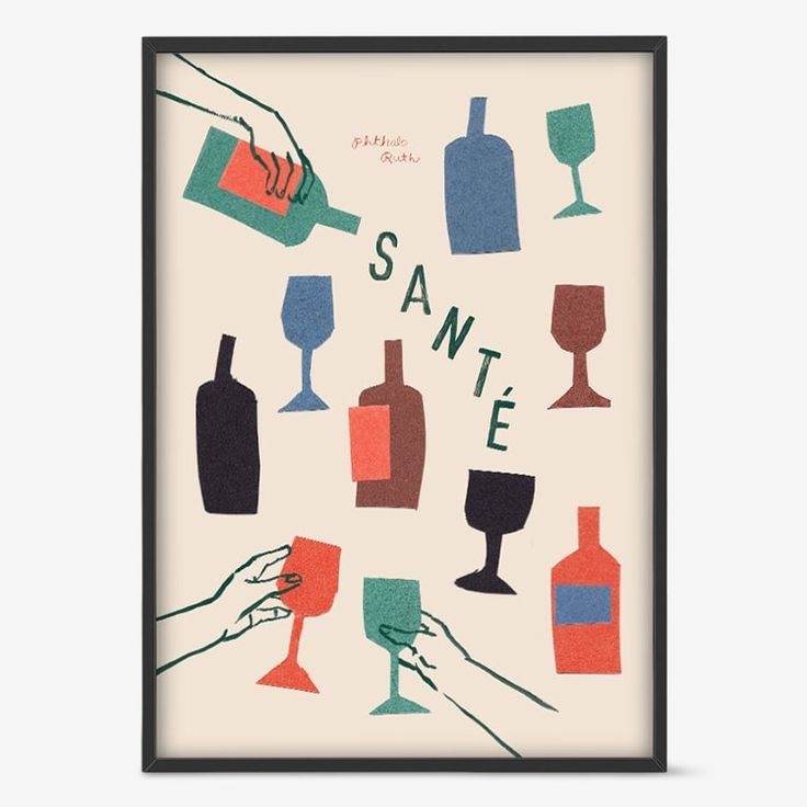 a framed poster with different types of wine glasses and bottles on it, in black frame