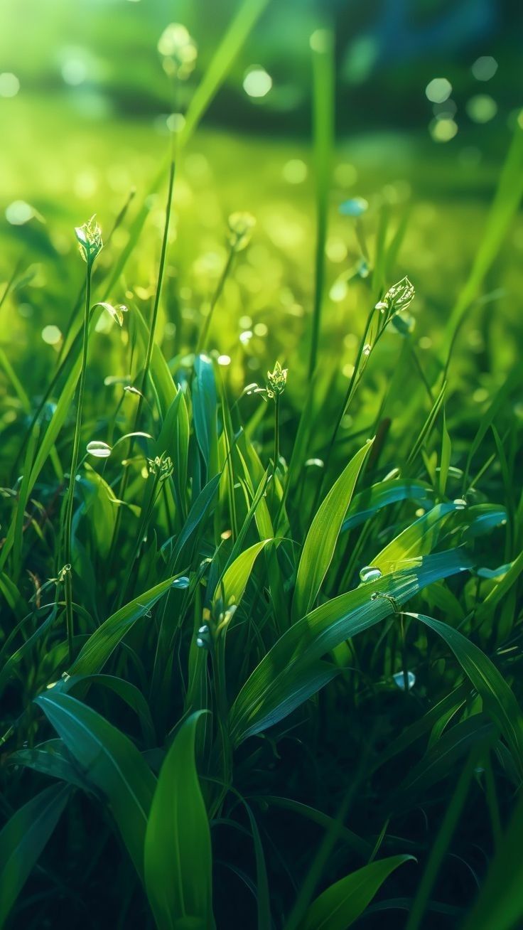 green grass with dew drops on it in the sunbeams and sunlight shining through