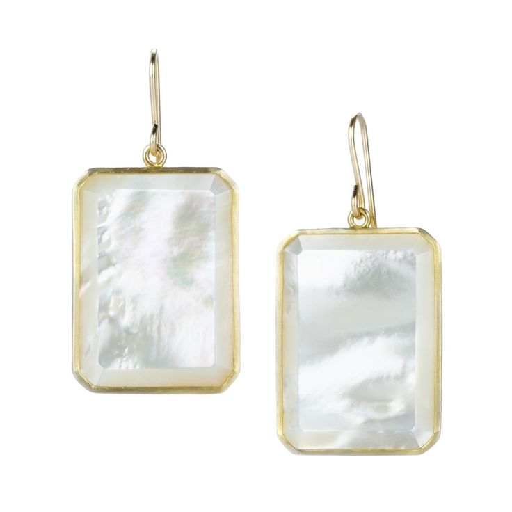 Maria Beaulieu Emerald Cut Mother of Pearl Earrings | Quadrum Gallery Mother Of Pearl Gold Earrings, Gold Dangle Pearl Earrings With Mother Of Pearl, Elegant Gold Mother Of Pearl Earrings, Gold Mother Of Pearl Earrings With Pearl Charm, Luxury Gold Mother Of Pearl Earrings, Mother Of Pearl Jewelry, Mother Of Pearl Earrings, Gold Pearl Earrings, Aqua Marine