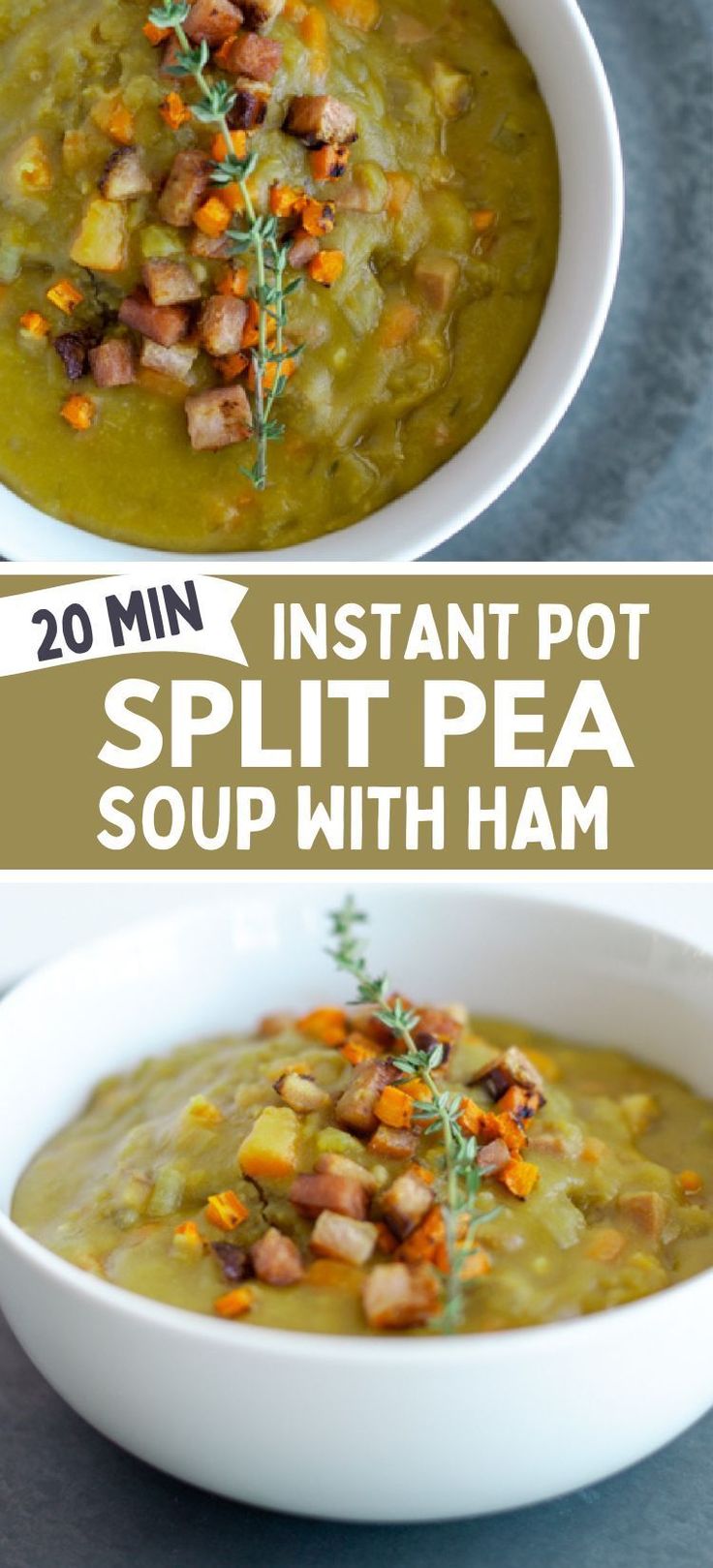 split pea soup with ham in a white bowl