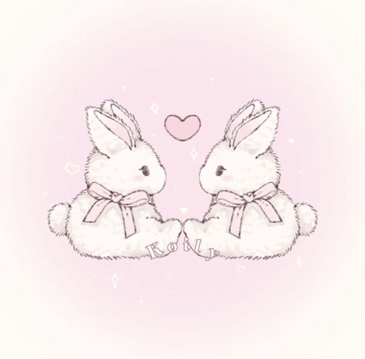 two white rabbits sitting next to each other with a heart in the background on a pink background