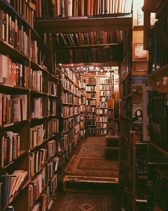 a long row of bookshelves filled with lots of books