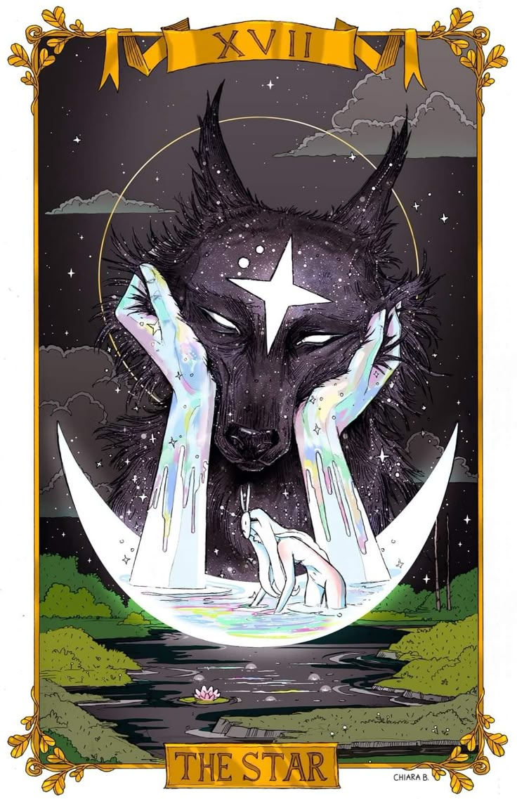 the star tarot card with an image of a wolf on it