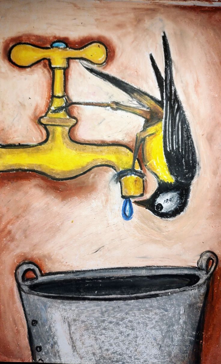 a painting of a bird drinking water from a faucet that has been painted on the wall