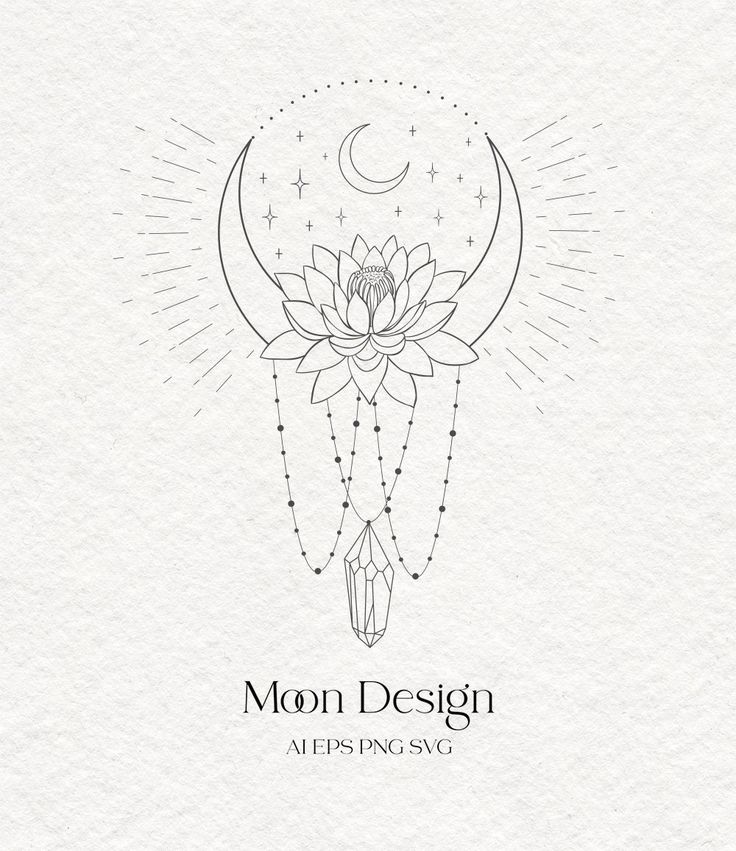 the moon design logo is shown in black and white, with an artistic lotus on it