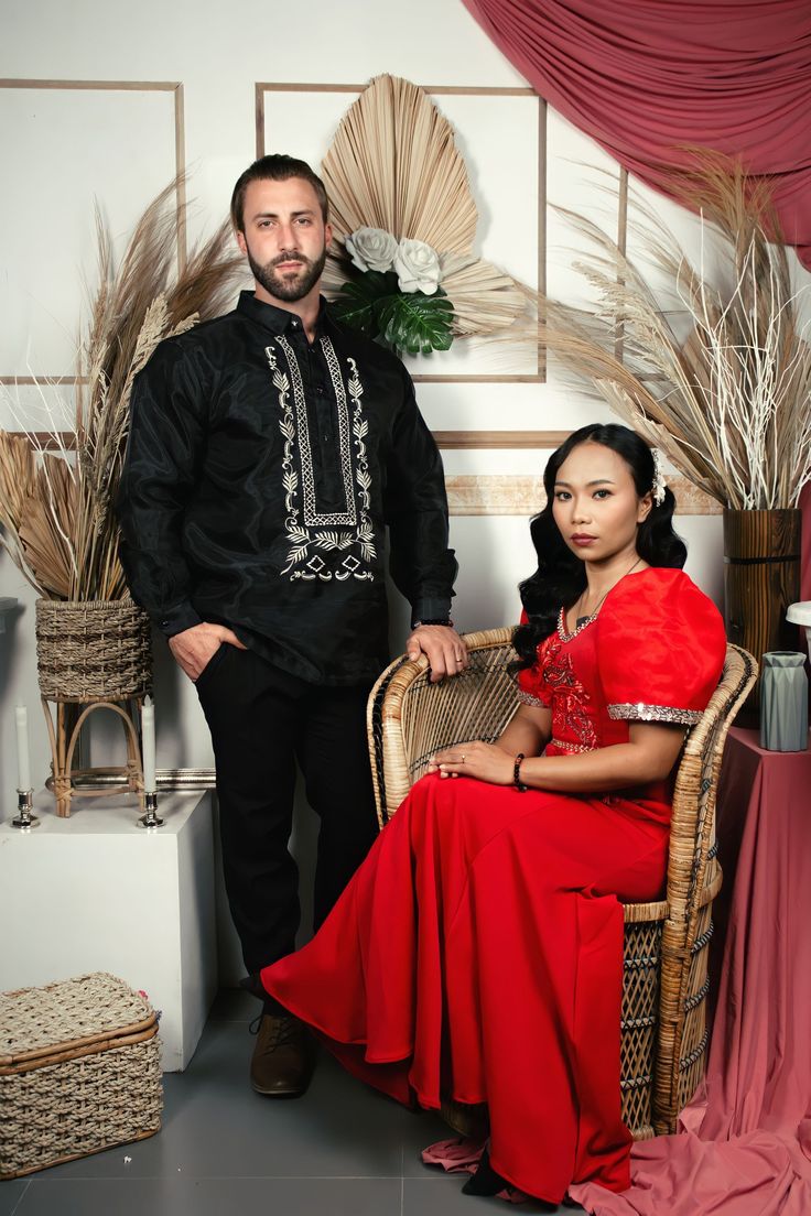 Pre-nuptial shoot with traditional Barong and Filipiniana Red Filipiniana, Black Barong, Culture Day, Red Blouse, Traditional Clothes, Red Blouses, Traditional Outfits, Dream Wedding, Musician