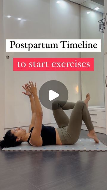 a woman is doing an exercise on a mat with the words postpartum timeline to start exercises