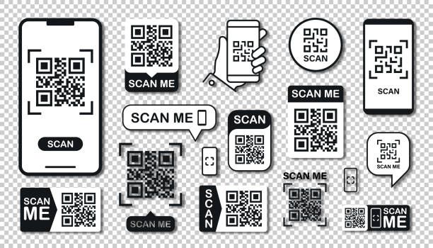 a bunch of different types of cell phones with qr code tags on them, all in black and white