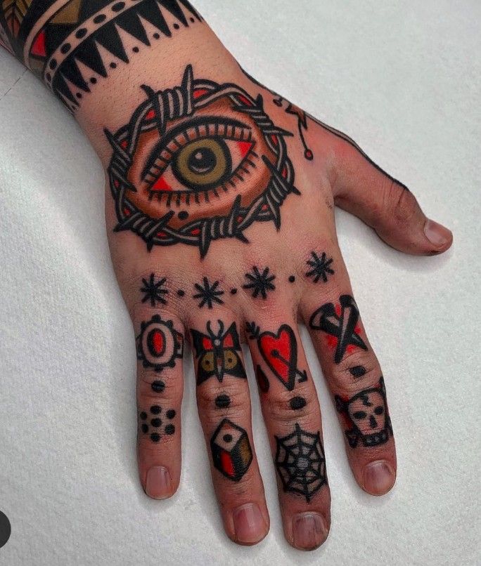 a person's hand with tattoos on it and an eye painted on the palm