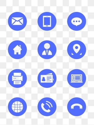 blue and white icons on a transparent background, including phone, email, mailbox, telephone