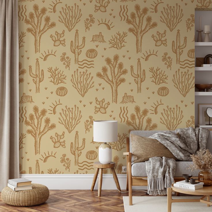 a living room scene with focus on the wallpaper