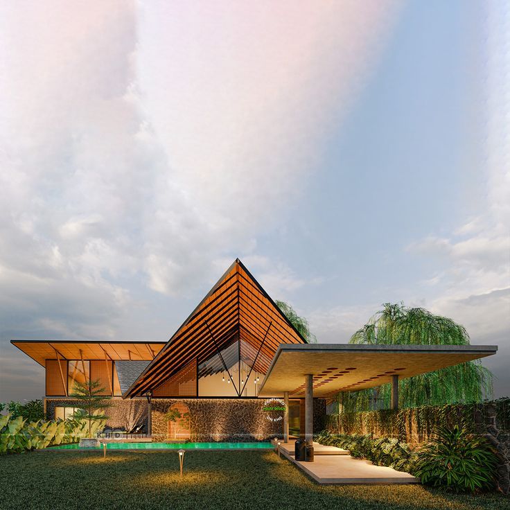 Mixed roof tropical luxury house Sloping Roof Elevation, Tropical Luxury House, Slope Roof Elevation, Sloping Roof Architecture, Tropical House Exterior, Tropical Architecture Design, Slope Roof, Tropical Houses Architecture, Bali Architecture