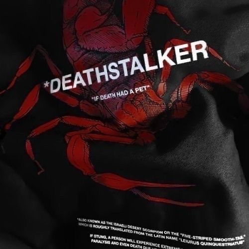 the back of a black jacket with red and white lettering on it that says, deathstalker