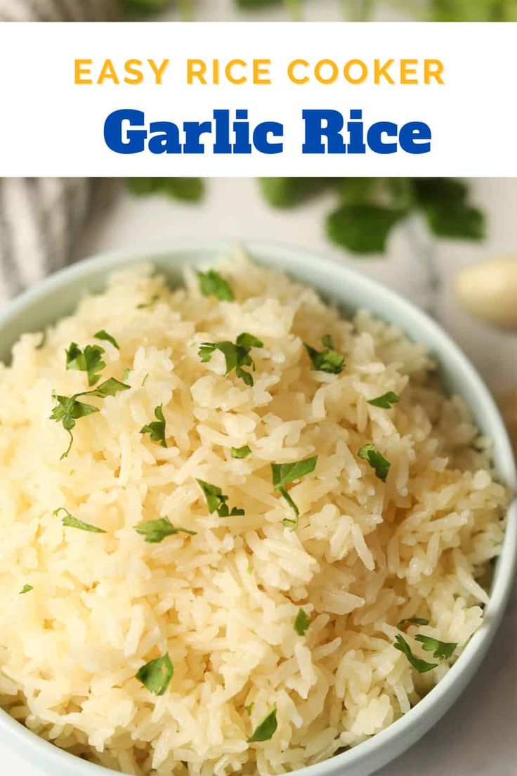 garlic rice in a bowl with the title