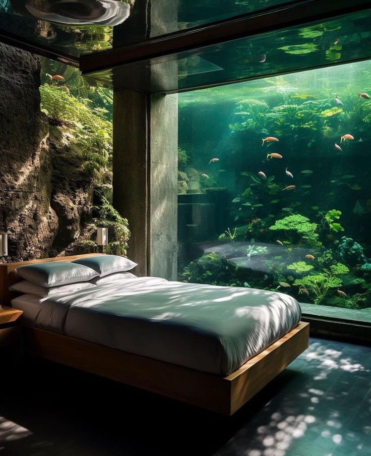 a bed sitting under a window next to a fish tank