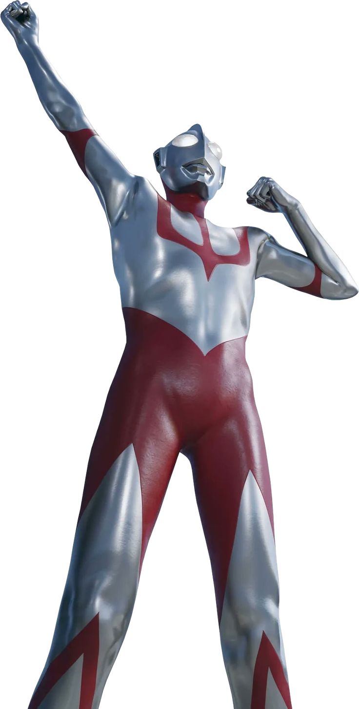 a man in silver and red body suit standing on top of a white surface with his arms up