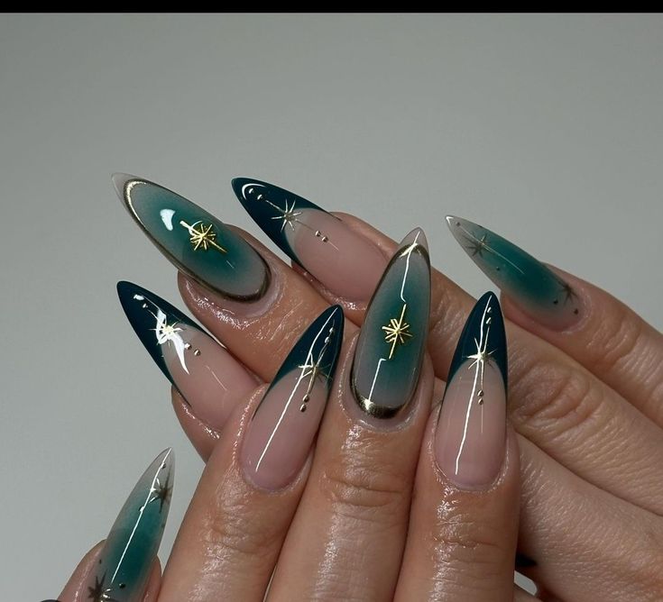 Gel X Nail Inspo Coffin, Green Nails New Year, Dark Green Coffin Nail Ideas, Dark Green Aesthetic Nails, Dark Green Nails Prom, Almond Nails Dark Green, Nails With Dark Green, Dark Green And Silver Nails, Dark Green French Tips