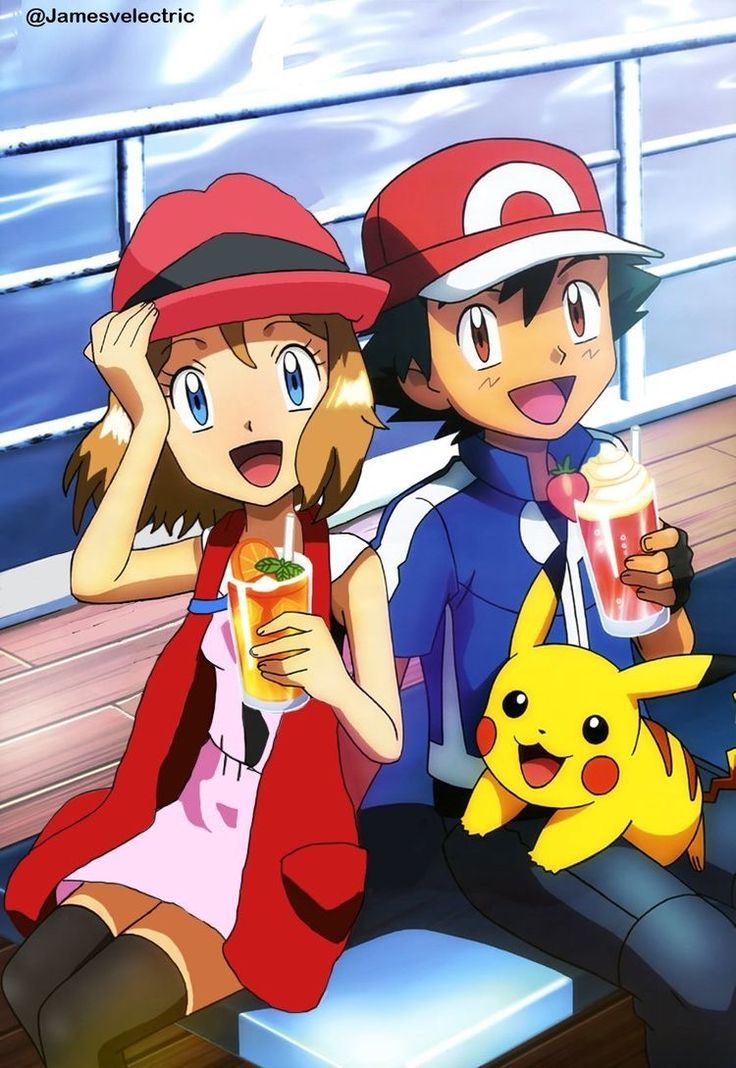 two people sitting next to each other on a bench holding drinks and pikachu