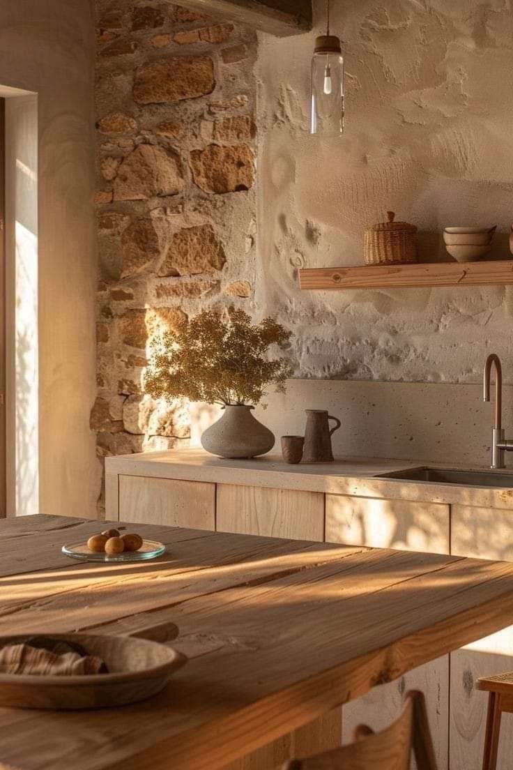 a wooden table sitting in front of a window next to a counter top with plates on it