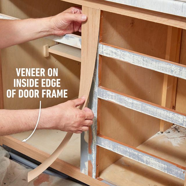 a person working on an unfinished cabinet door frame with text overlay that reads, veneer on inside edge of door frame