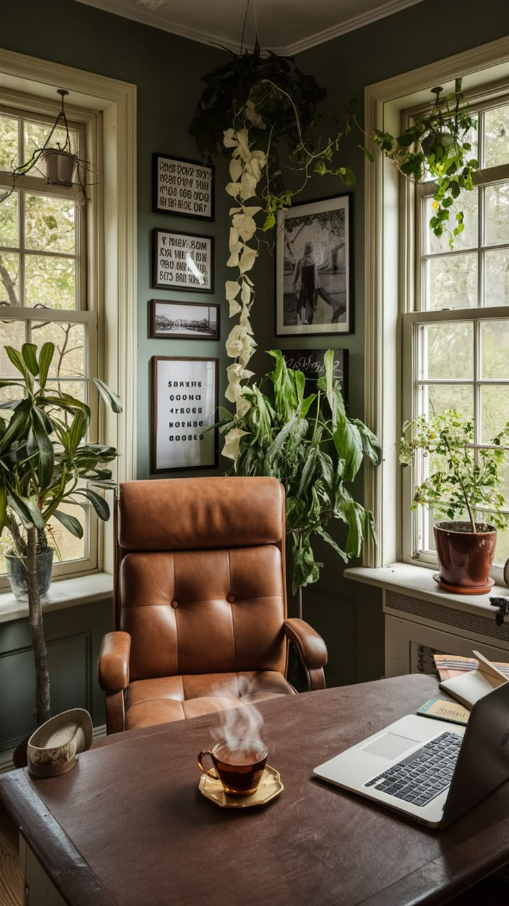 an office with a laptop, chair and potted plants in the window sill