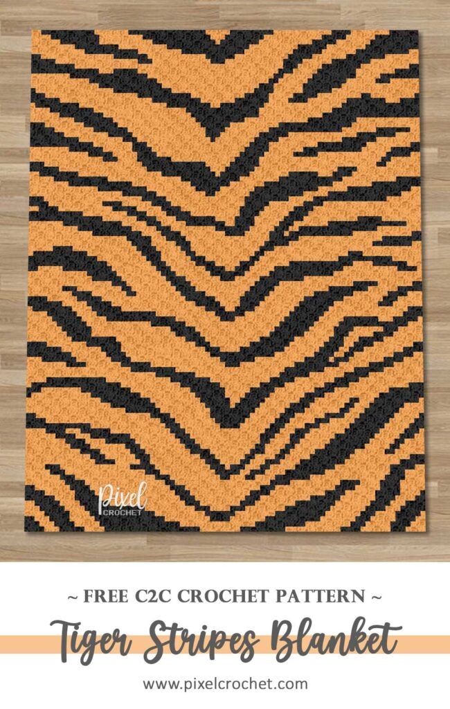 the tiger stripe rug pattern is shown in black and orange, with text that reads free crochet pattern - tiger stripes blanket