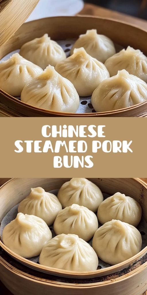 steamed pork buns in a bamboo steamer with text overlay reading chinese steamed pork buns