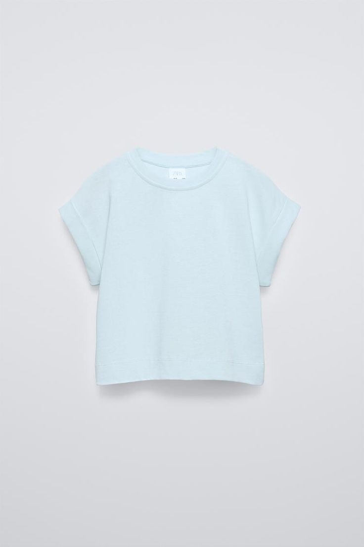 CUFFED SLEEVE T-SHIRT - Blue / Green | ZARA United States Trendy Relaxed Fit T-shirt With Cap Sleeves, Summer T-shirt With Ribbed Neckline, Basic Short Sleeve Top With Ribbed Neckline For Spring, Spring Tops With Rolled Sleeves, Spring Basic Short Sleeve Top With Ribbed Neckline, Trendy Summer Tops With Cuffed Sleeves, Solid Cotton Tops With Cuffed Sleeves, Trendy Summer Short Sleeve Top With Ribbed Neckline, Trendy Short Sleeve Top With Ribbed Neckline For Summer