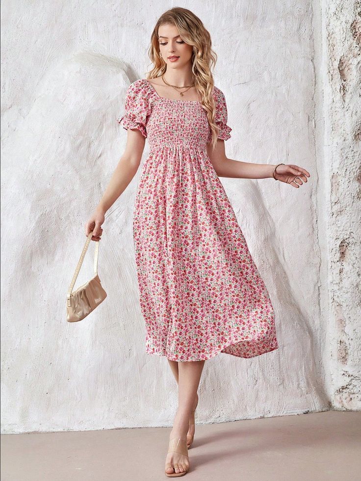 Add a touch of romance to your wardrobe with this charming ditsy floral print dress. The puff sleeves create a playful and feminine look, while the flattering silhouette enhances your natural curves. Perfect for daytime outings or garden parties, this dress will make you feel like a breath of fresh air and leave a lasting impression. Square Neck Ditsy Floral Dress For Day Out, Square Neck Floral Dress For Day Out, Floral Dress With Smocked Bodice For Garden Party, Summer Ditsy Floral Print Dress With Square Neck, Chic Spring Floral Puff Sleeve Dress, Summer Floral Dress With Ditsy Print And Square Neck, Feminine Ditsy Floral Print Dress With Square Neck, Chic Short Sleeve Floral Dress With Ditsy Print, Feminine Square Neck Dress With Ditsy Floral Print