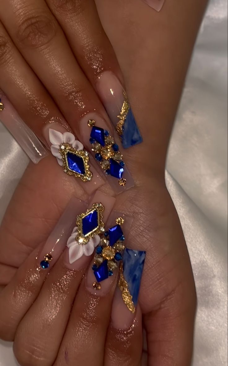 Navy Blue And Gold Prom Dress, Navy With Gold Nails, Blue And Gold Prom Nails, Gold And Navy Blue Nails, Royal Blue And Gold Wedding Dress, Quinceanera Makeup Royal Blue And Gold, Royal Blue And Gold Prom Dress, Royal Blue And Gold Nail Designs, Royal Blue And Gold Makeup