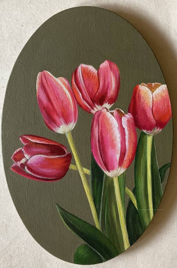 a painting of pink tulips with green leaves on a brown circle background,