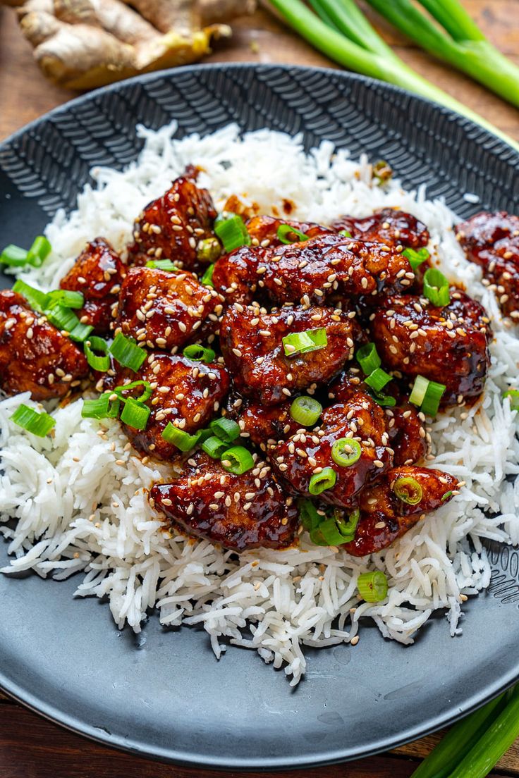 a plate with rice, meat and green onions on it