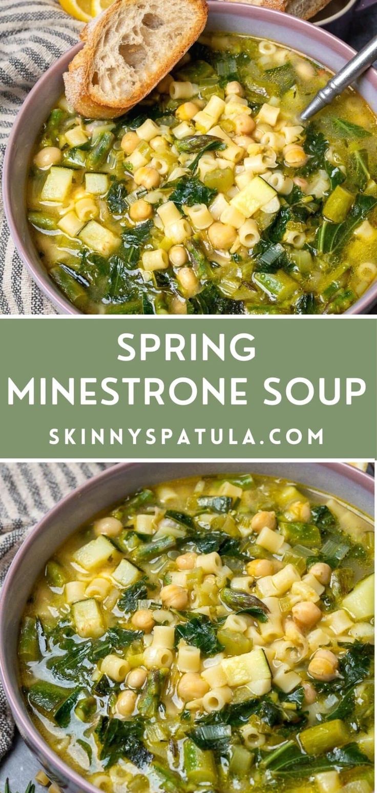 two bowls of minestone soup with spinach and bread in the background text reads spring minestone soup