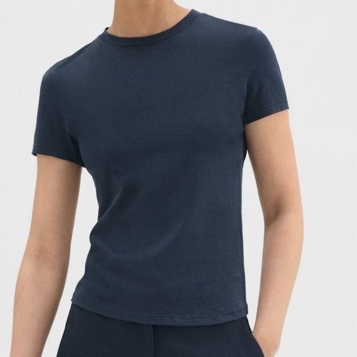 Fitted Stretch-Nylon Tee From Theory. Never Worn, Perfect Condition. Navy Stretch Top For Work, Navy Stretch Top For Workwear, Navy Stretch Tops For Work, Navy Fitted Tops For Workwear, Navy Modern Tops For Work, Navy Fitted Modern Top, Modern Navy Tops For Work, Modern Fitted Navy Tops, Modern Fitted Navy Top