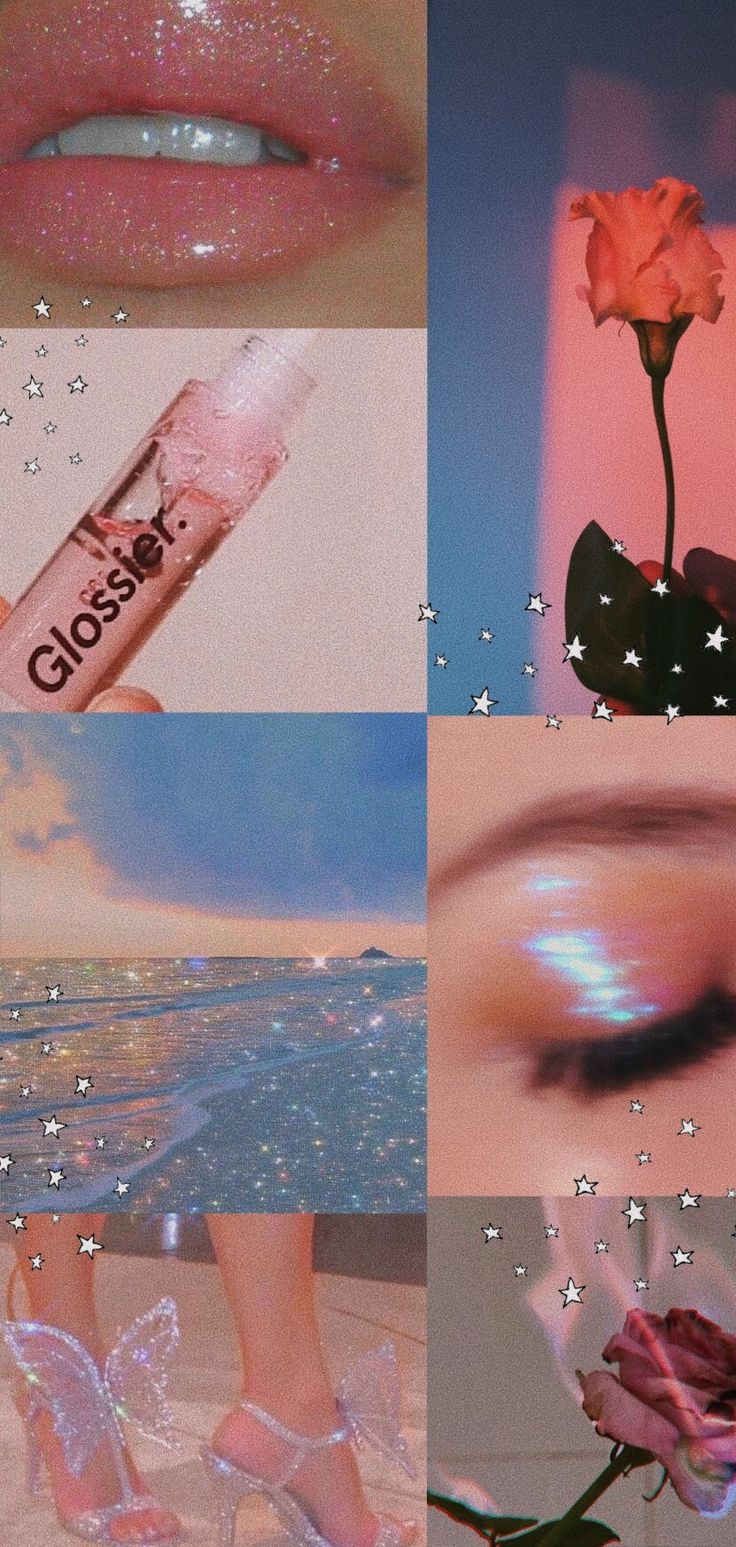 a collage of photos with pink flowers and glitters on them, including lipstick