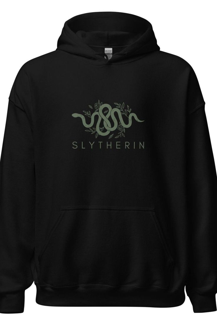 a black hoodie with the word slytherin on it and an image of a snake