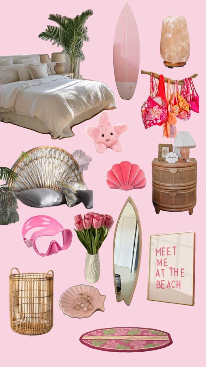 Beachy, pink, starfish, jellycats, surfboard, pink, rattan furniture, girly, bikini, bikini box Pink Surfboard Decor, Pink Beachy Aesthetic Bedroom, Tropical Room Decor Ideas, Coconut Girl Aesthetic Room Decor, Pink Ocean Themed Bedroom, Pink Beach House Decor, Cute Beach Room Decor, Pink Beach Room Aesthetic, Beachy Pink Bedroom