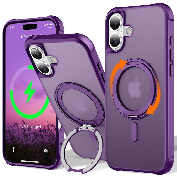 an iphone case with ring holder attached to the front and back of it, next to a phone