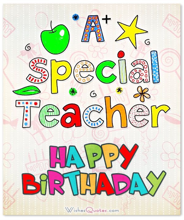 a special teacher happy birthday card with an apple and stars on the top, surrounded by doodles