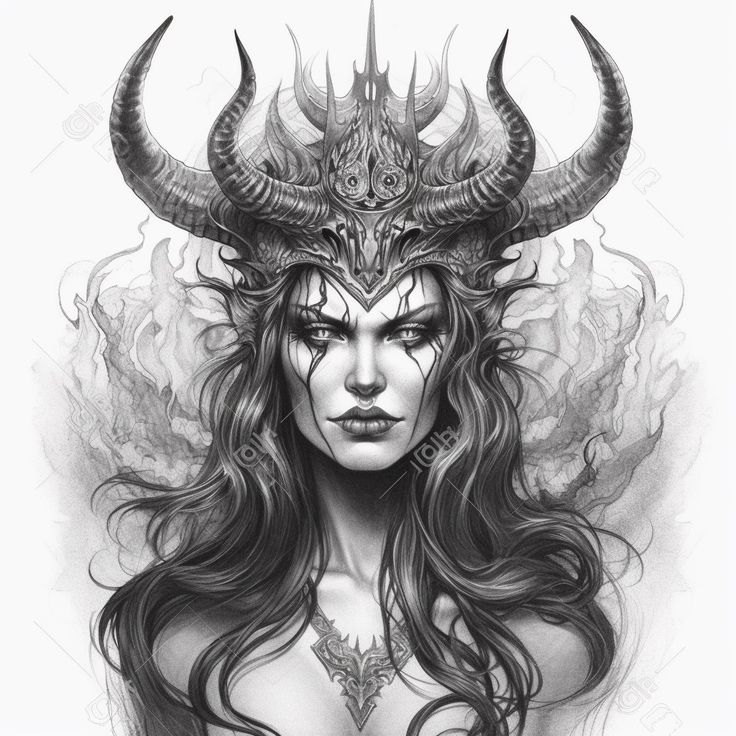 a drawing of a woman with horns on her head