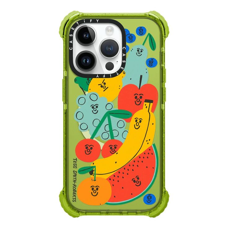 an iphone case with fruit on the front and back cover in green, featuring bananas, apples