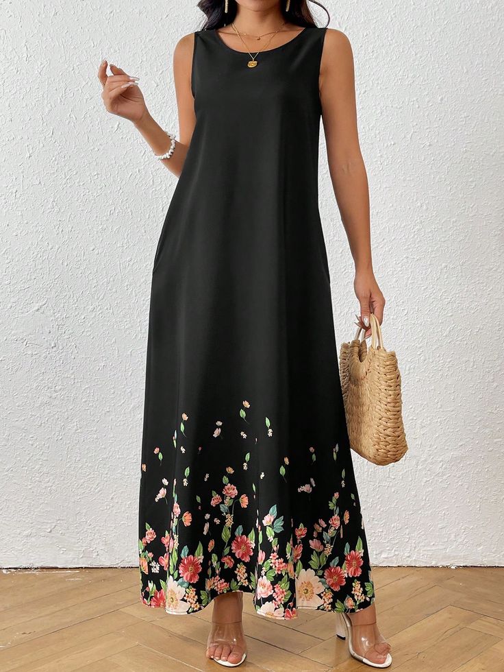 Women Floral Print Sleeveless Long Dress For Summer Black Casual  Sleeveless Woven Fabric Floral,Plants Tank Non-Stretch  Women Clothing, size features are:Bust: ,Length: ,Sleeve Length: Casual Black Sleeveless Maxi Dress, Black Sleeveless Sundress, Casual Black Sleeveless Sundress, Casual Black Sleeveless Dress, Black Sleeveless Maxi Dress For Summer, Black Sleeveless Maxi Dress For Beach, Black Sleeveless Maxi Dress For The Beach, Black Maxi Sleeveless Dress For Beach, Black A-line Maxi Dress For Beach