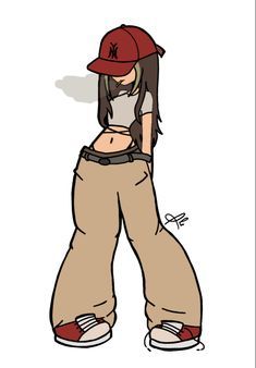 a drawing of a girl with brown pants and a red hat