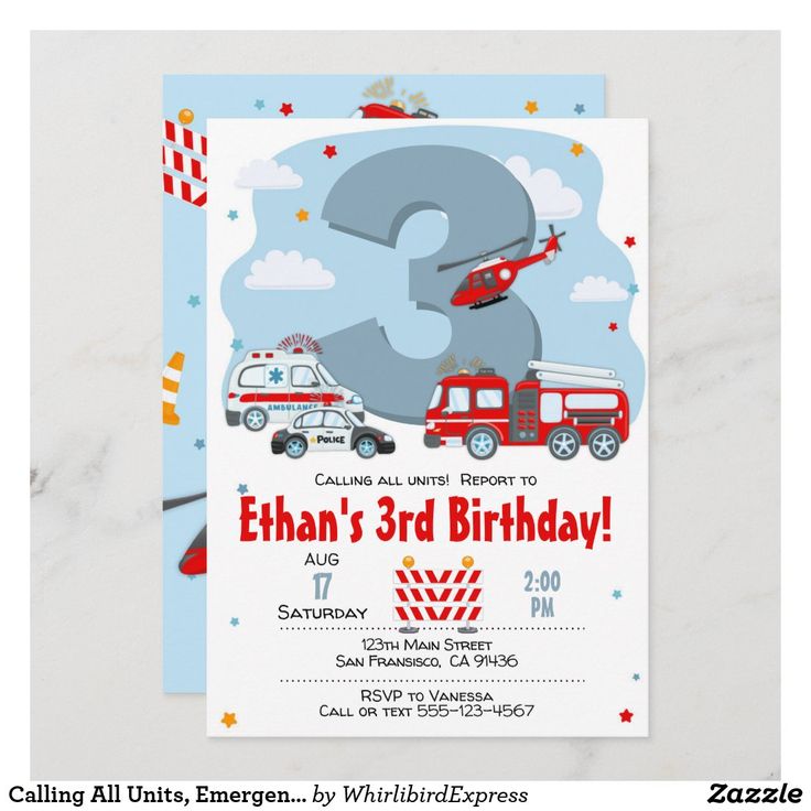 a birthday card with an ambulance and firetruck on it