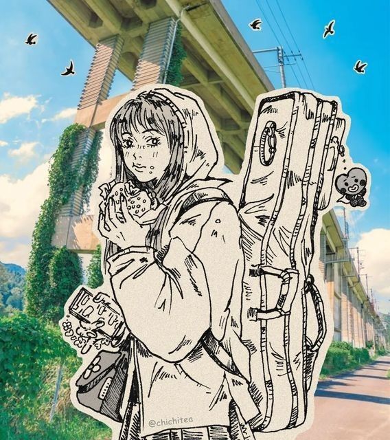 a drawing of a girl with a backpack on her back and birds in the background