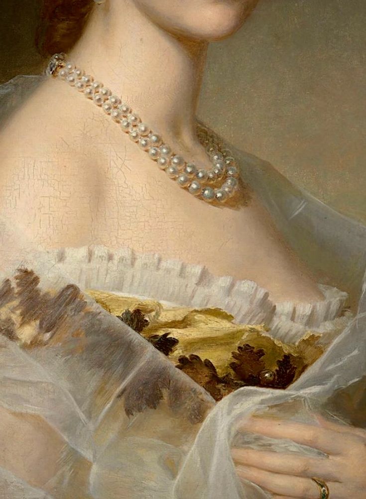 a painting of a woman in a white dress with pearls on her head and necklace