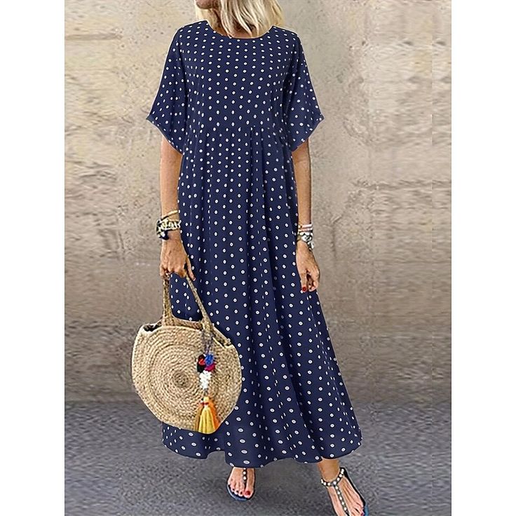 Season:Summer; Fabric:Cotton; Sleeve Length:Short Sleeve; Look After Me:Machine wash; Gender:Women's; Style:Fashion,Modern; Occasion:Daily,Outdoor; Dresses Type:Casual Dress; Pattern:Polka Dot; Neckline:Crew Neck; Special Size:Plus Size; Listing Date:06/14/2024; Bust:; Length:; Dress Length Type:Long Dress Maxi Dress; Print Type:Print Vestidos Retro, Sundress Casual, Sukienki Plus Size, Polka Dot Maxi Dresses, Street Dress, Short Sleeve Maxi Dresses, Women's Robe, Half Sleeve Dresses, Oversized Dress