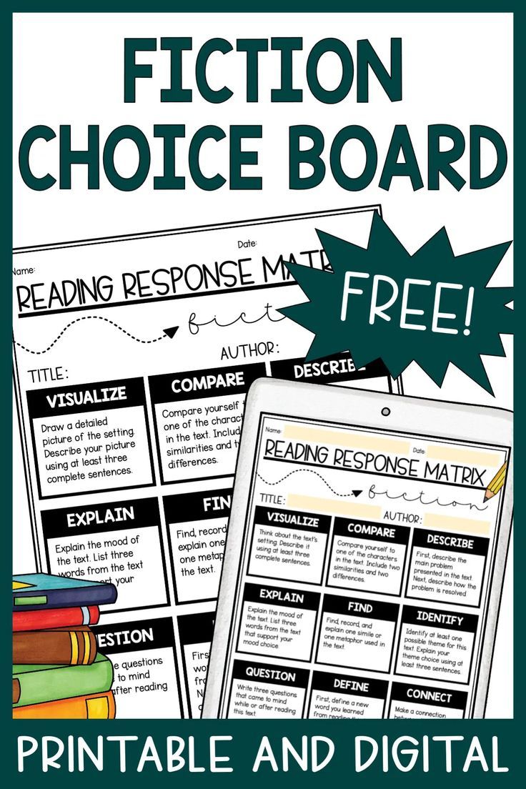 the fiction choice board with free printables for students to use on their books