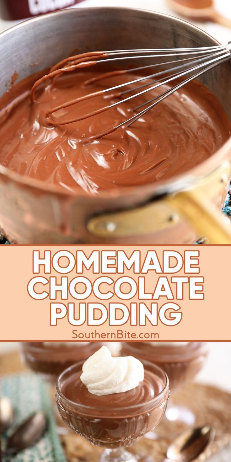 homemade chocolate pudding with whipped cream in a bowl