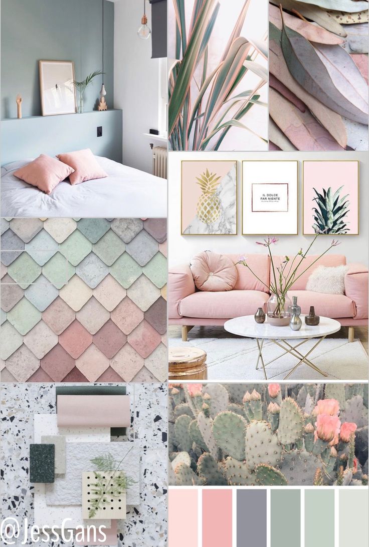 a collage with pink and green colors in the bedroom, living room, dining room